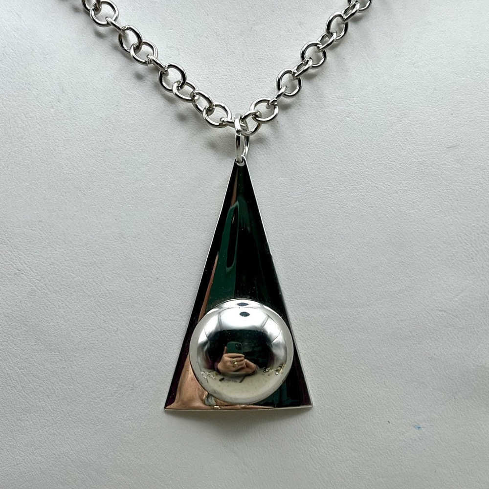 Modernist Silver Tone Triangle and Sphere Pendant -Geometric Chain Jewelry